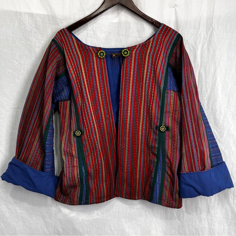 Vintage Homemade German Traditional Jacket Patchwork Striped Embroidered Button